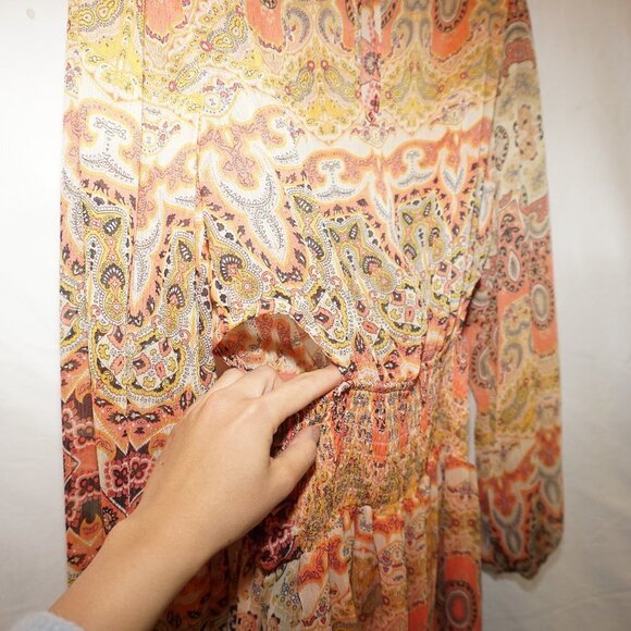 MNG Mango Sheer Gauze Paisley Side Cut-out Print Ruffled Dress 2 Festival Boho - Picture 9 of 13